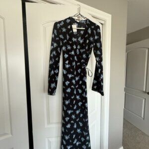 NEW H&M XS Blue Floral True Wrap Maxi Dress Flared Sleeve Bohemian